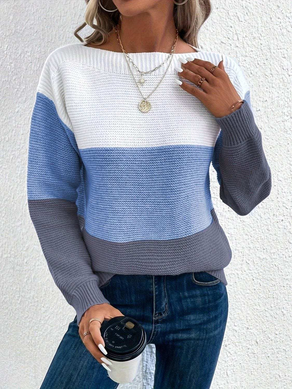 Color Block Boat Neck Sweater - Trendsi - Flyclothing LLC