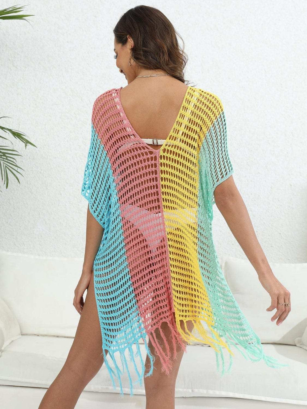 Fringe Color Block Scoop Neck Cover Up - Trendsi - Flyclothing LLC