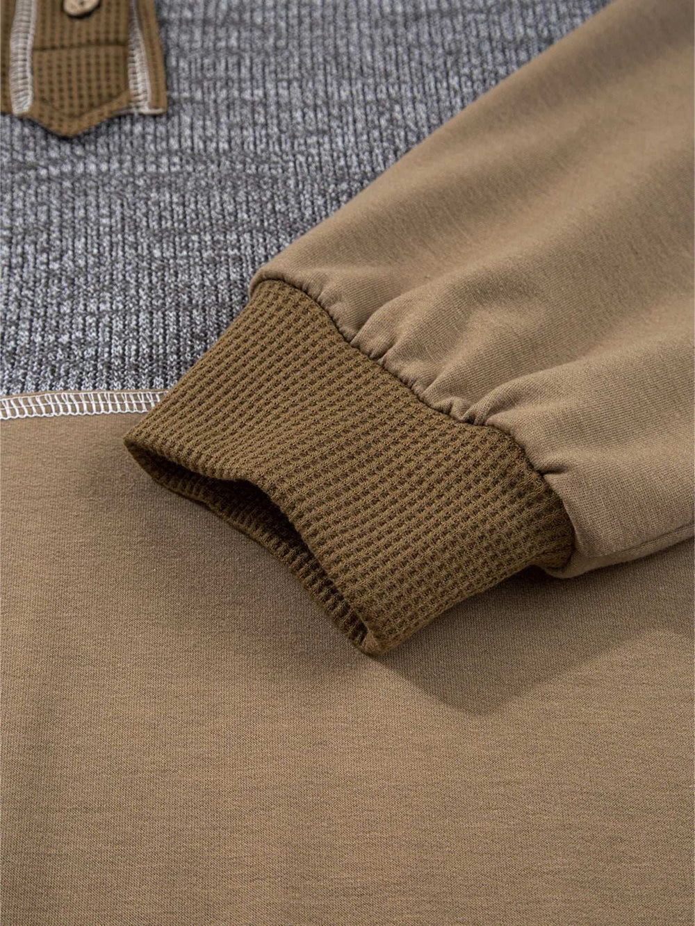 Mixed Texture Patchwork Exposed Seam Half Button Hoodie - Trendsi - Flyclothing LLC