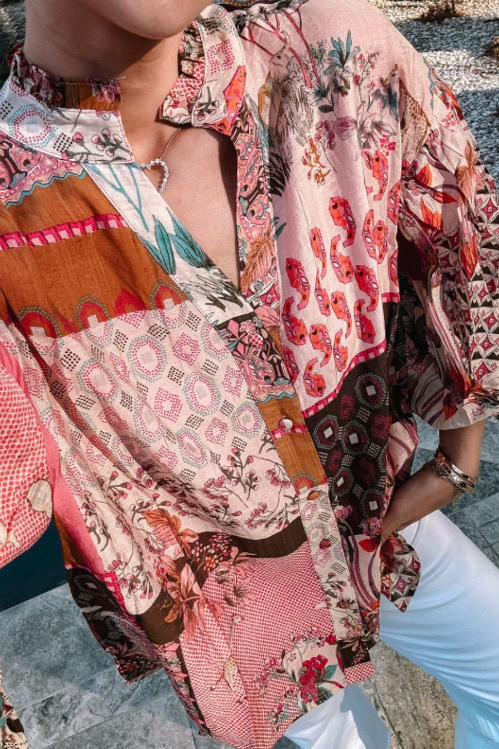 Patchwork Printed Notched Flounce Sleeve Shirt - Trendsi - Flyclothing LLC