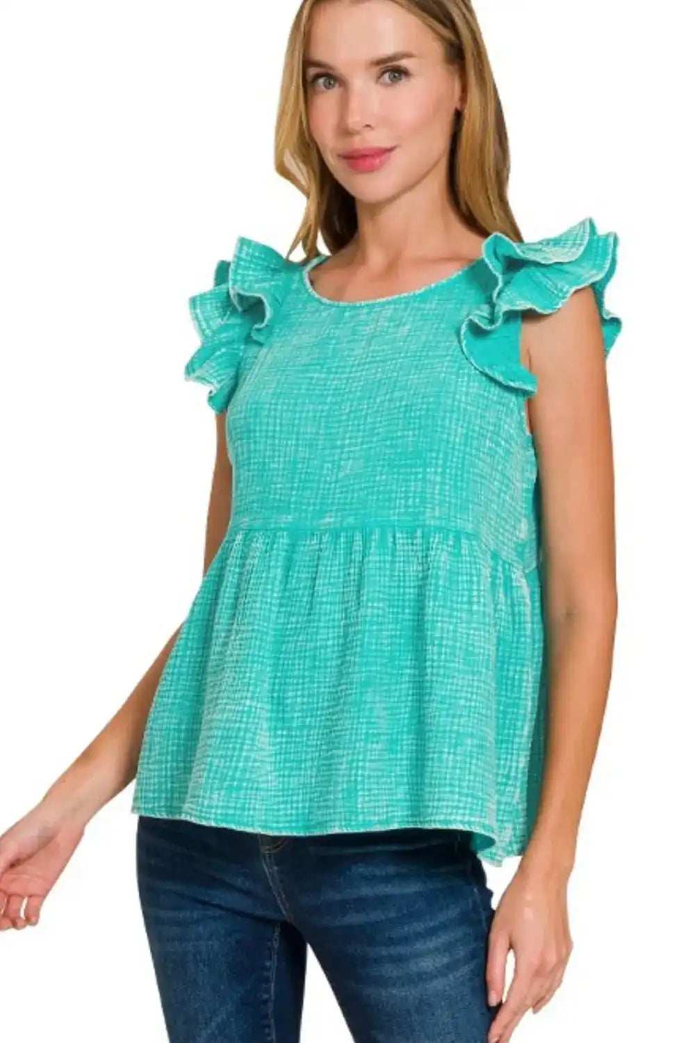 Zenana Double Gauze Acid Washed Tiered Ruffle Peplum Top - Trendsi - Flyclothing LLC