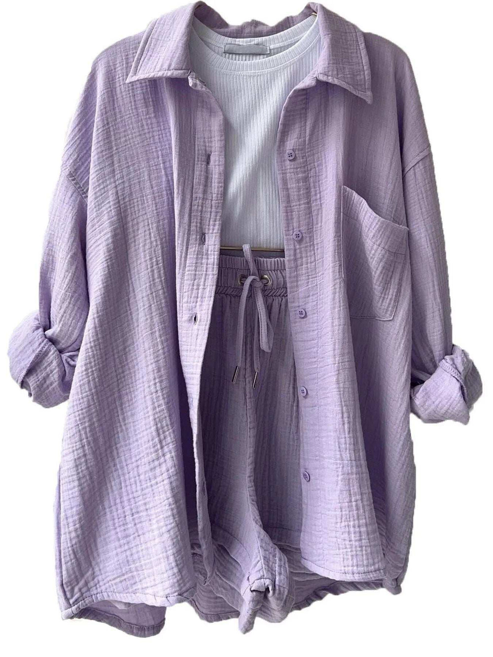 Textured Button Up Shirt and Shorts Set - Trendsi - Flyclothing LLC
