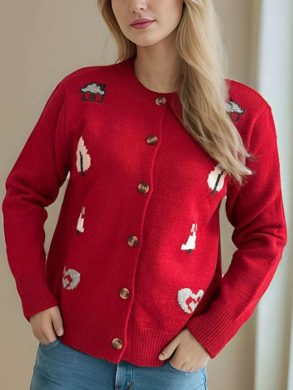 Button Up Round Neck Long Sleeve Cardigan - Trendsi - Flyclothing LLC