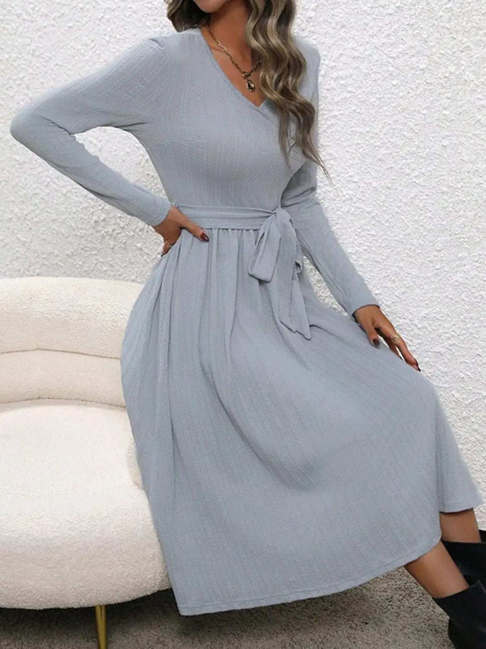 Surplice Tie Waist Long Sleeve Midi Dress - Trendsi - Flyclothing LLC