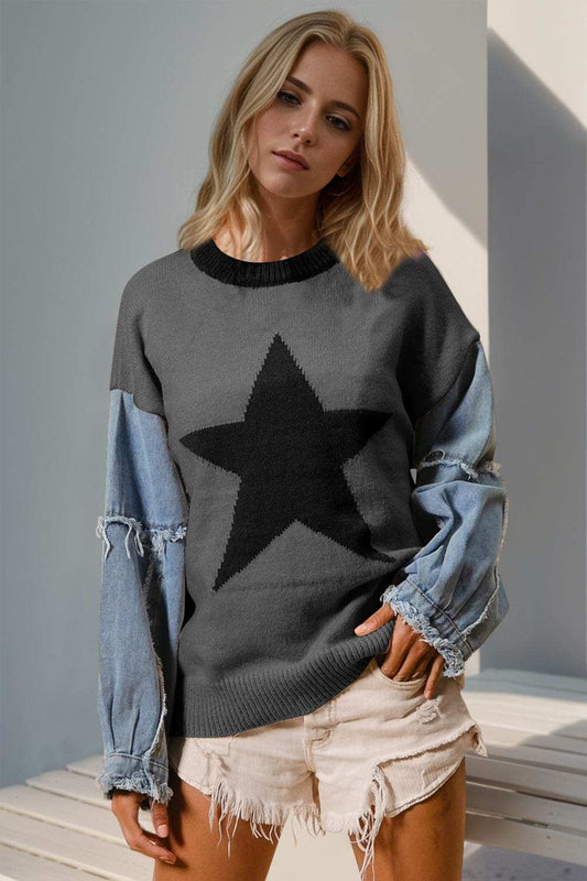 Double Take Full Size Star Pattern Raw Edge Long Sleeve Sweater - Trendsi - Flyclothing LLC