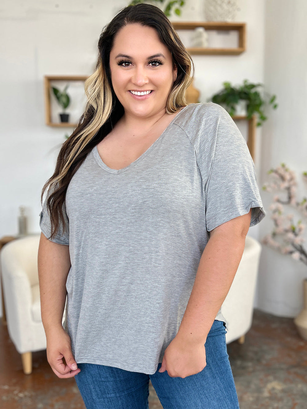 Basic Bae Full Size Bamboo Slit V-Neck Short Sleeve T-Shirt - ShopBasicbae - Flyclothing LLC