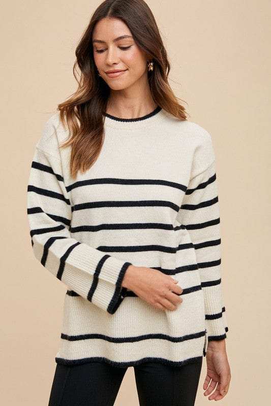 Annie Wear Side Slit Striped Round Neck Sweater - Trendsi - Flyclothing LLC