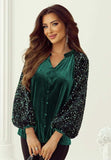 Sequin Notched Long Sleeve Blouse - Trendsi - Flyclothing LLC