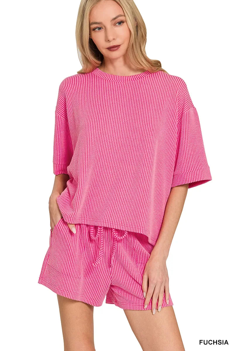 Zenana Raised Rib Short Sleeve Tee and Drawstring Shorts Set - Trendsi - Flyclothing LLC