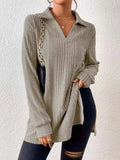 Slit Johnny Collar Long Sleeve Top - Trendsi - Flyclothing LLC