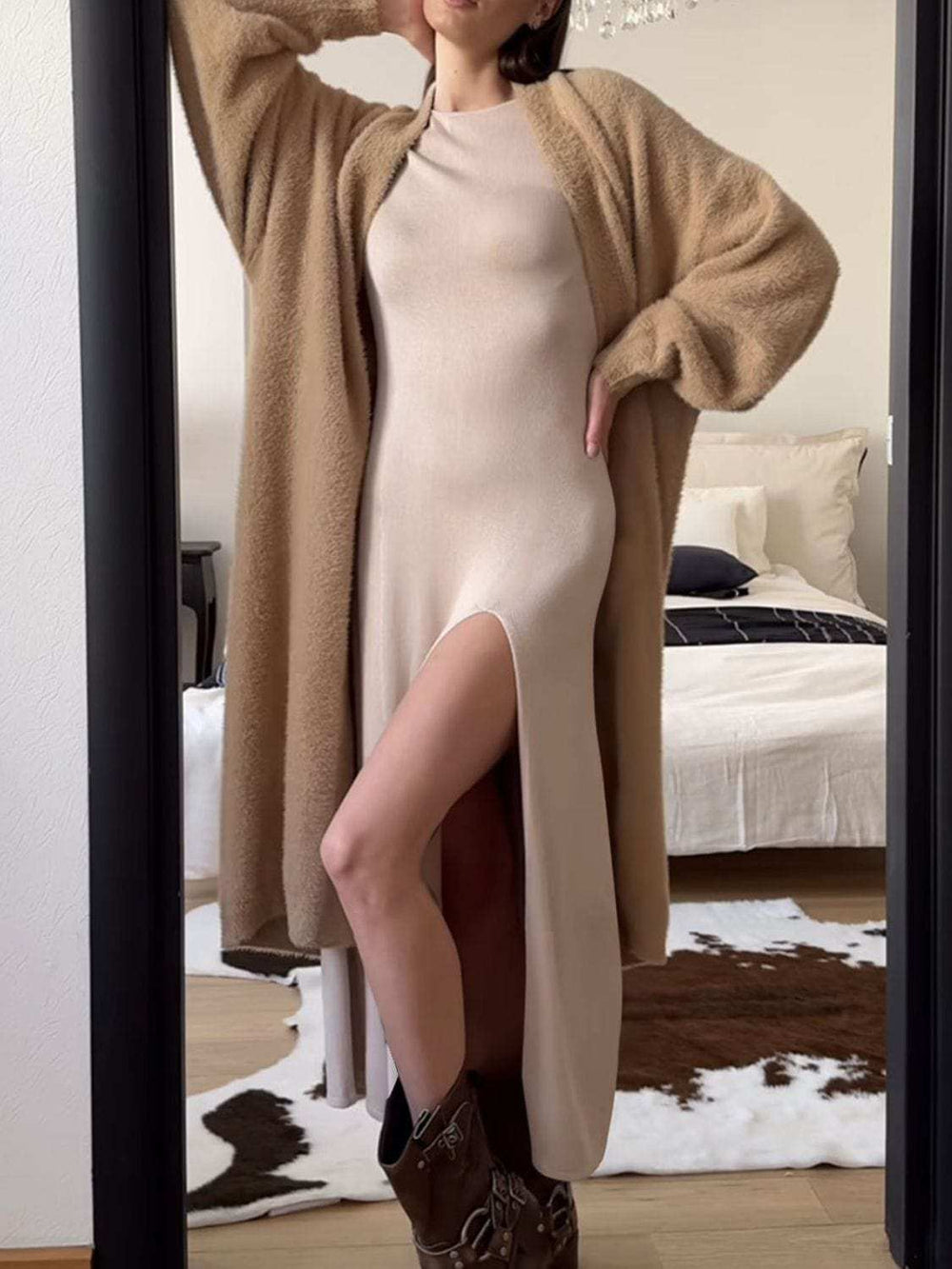 Side Slit Round Neck Long Sleeve Dress - Trendsi - Flyclothing LLC