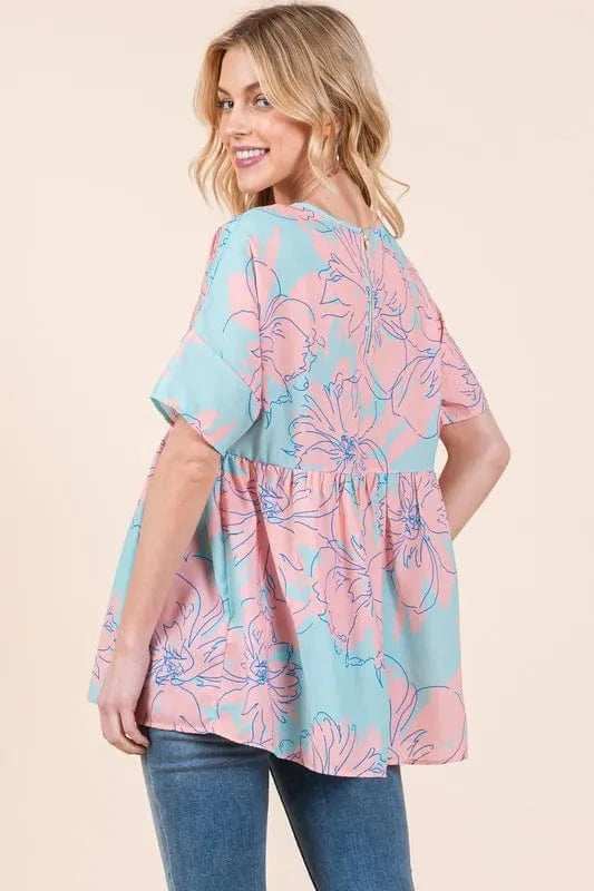 BOMBOM Floral Babydoll Tunic Top - Trendsi - Flyclothing LLC
