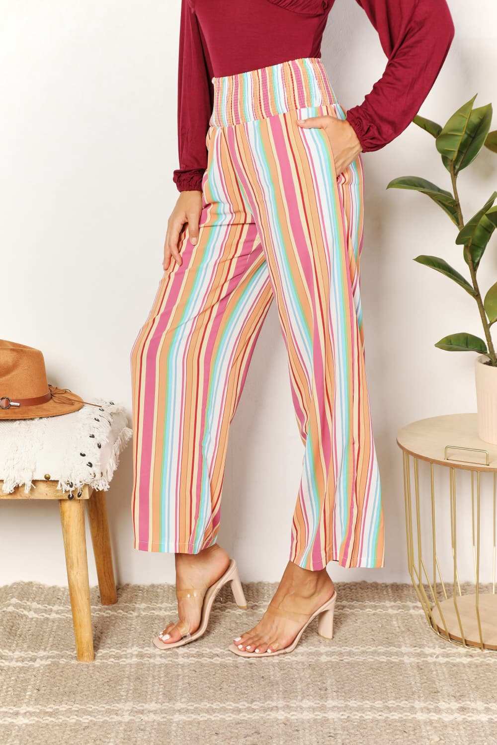 Double Take Striped Smocked Waist Pants with Pockets - Trendsi - Flyclothing LLC