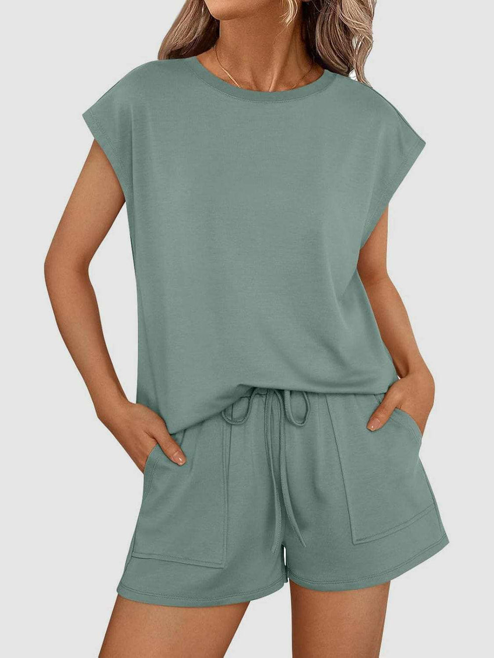 Round Neck Cap Sleeve Top and Shorts Set - Trendsi - Flyclothing LLC