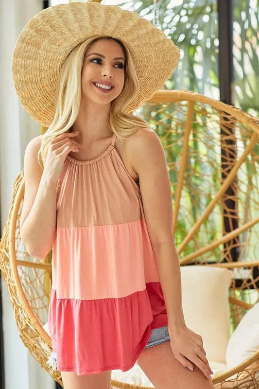 BiBi Rayon Span Jersey Color Block Tiered Halter Neck Cami - Trendsi - Flyclothing LLC