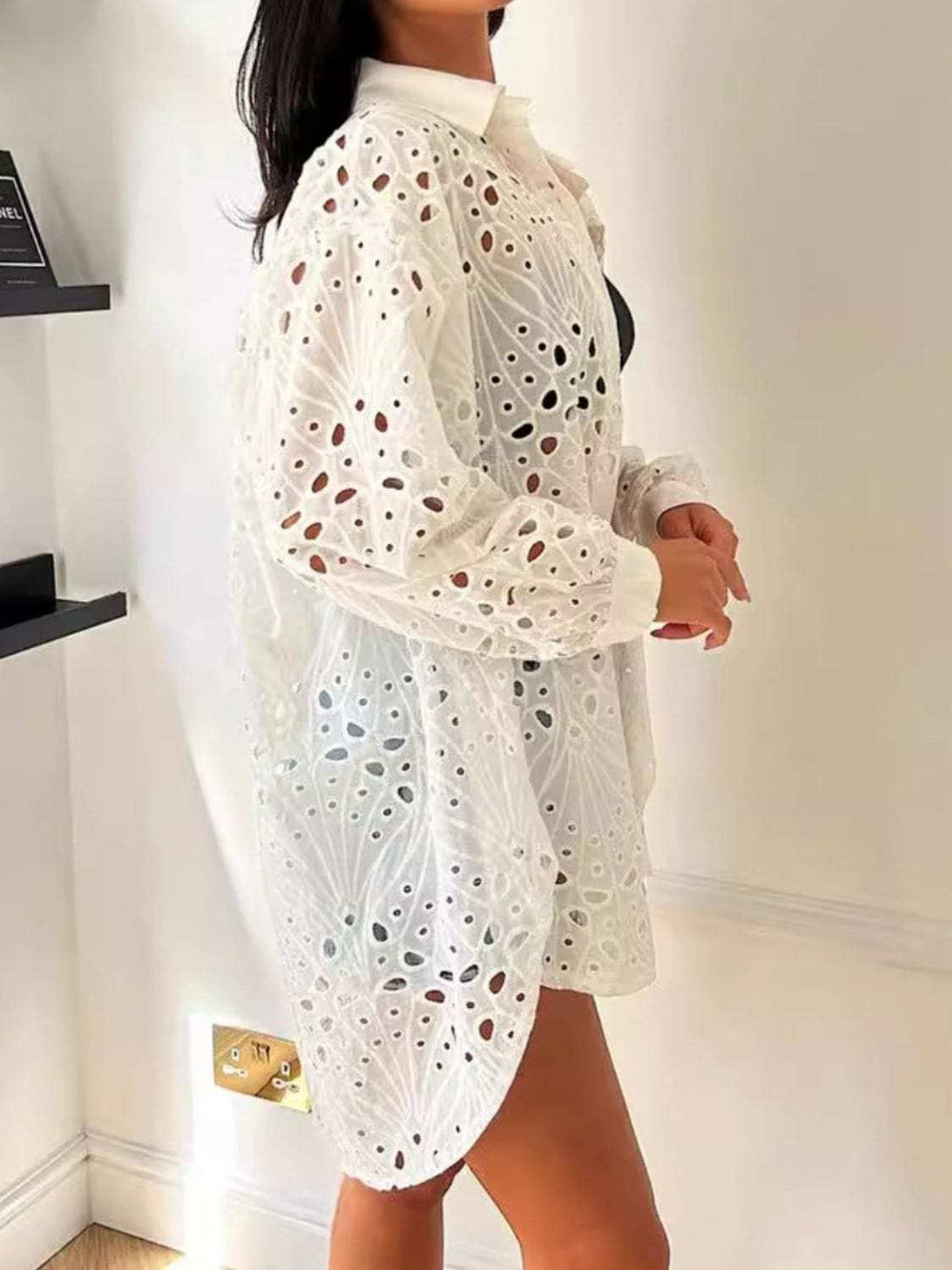 Cutout Collared Neck Long Sleeve Shirt - Trendsi - Flyclothing LLC