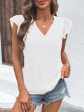 Textured V-Neck Cap Sleeve Blouse - Trendsi - Flyclothing LLC