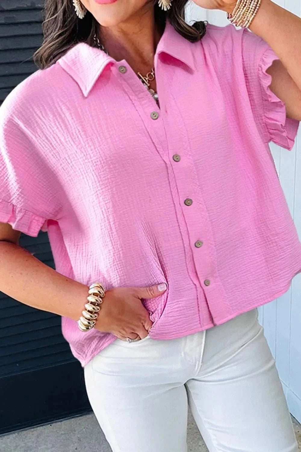 Frill Collared Neck Short Sleeve Shirt - Trendsi - Flyclothing LLC
