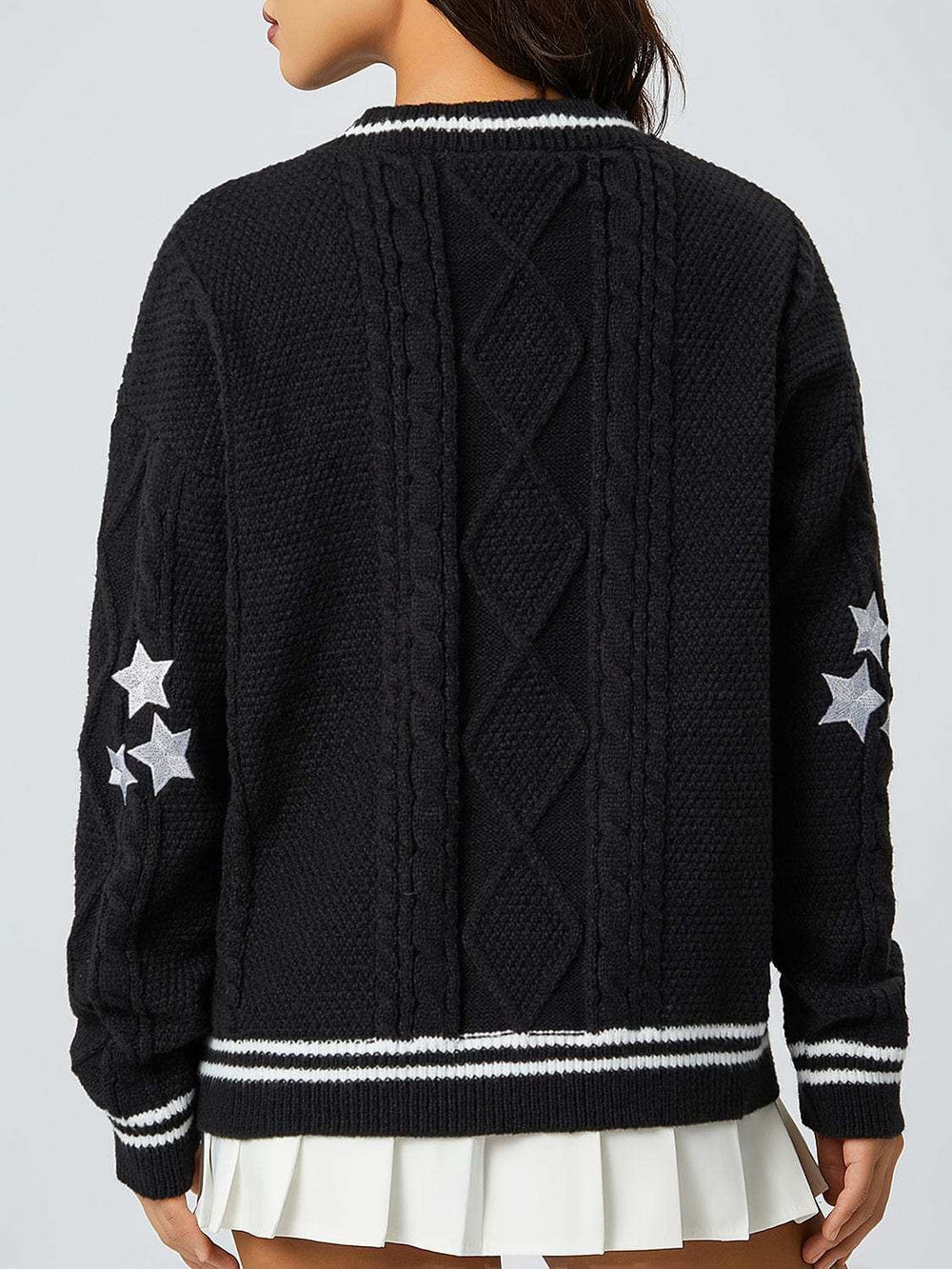 Star Embroidered V-Neck Long Sleeve Cardigan - Trendsi - Flyclothing LLC