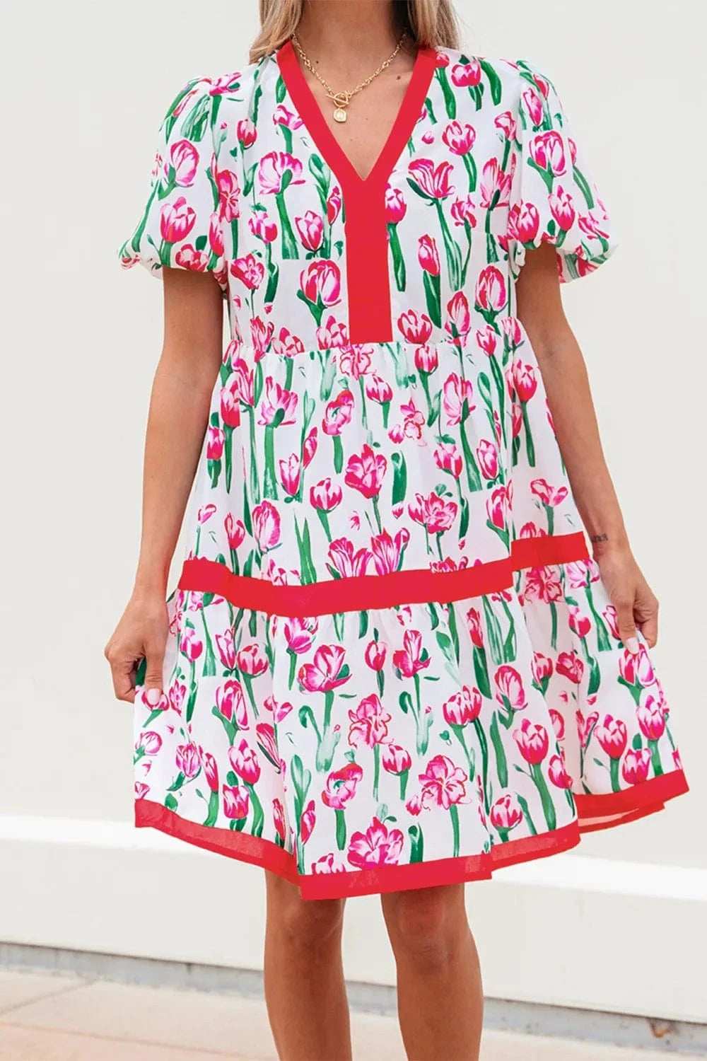 Floral Print Contrast Trim V Neck Bubble Short Sleeve Babydoll Dress - Trendsi - Flyclothing LLC