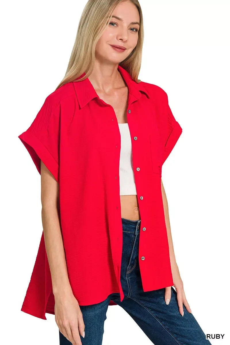 Zenana Woven Airflow Button Down Shirt - Trendsi - Flyclothing LLC