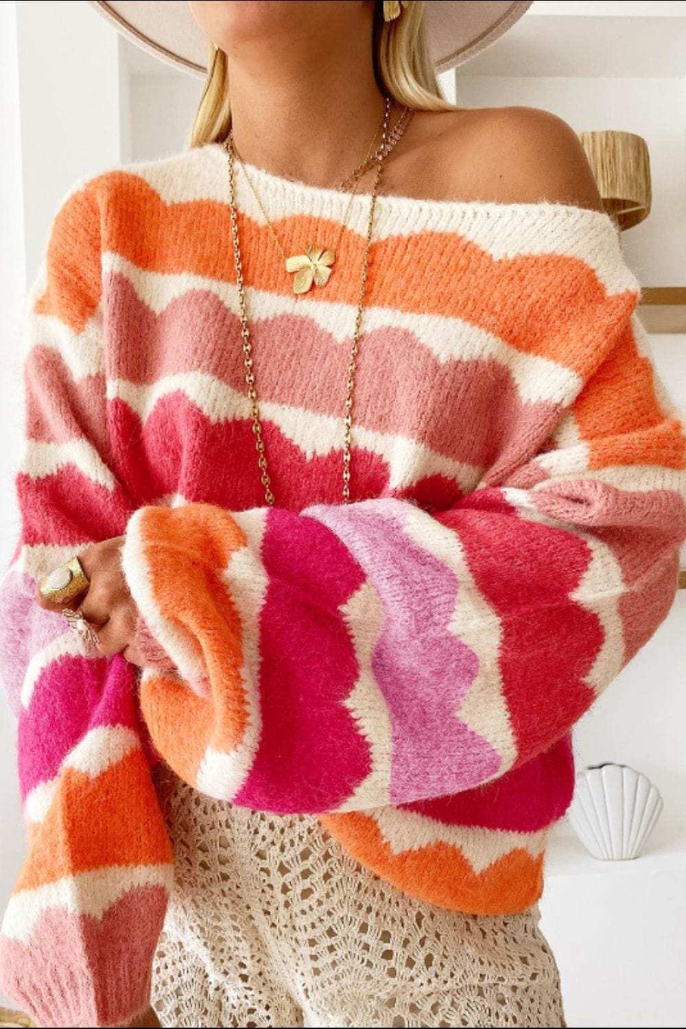 Contrast Boat Neck Long Sleeve Sweater - Trendsi - Flyclothing LLC