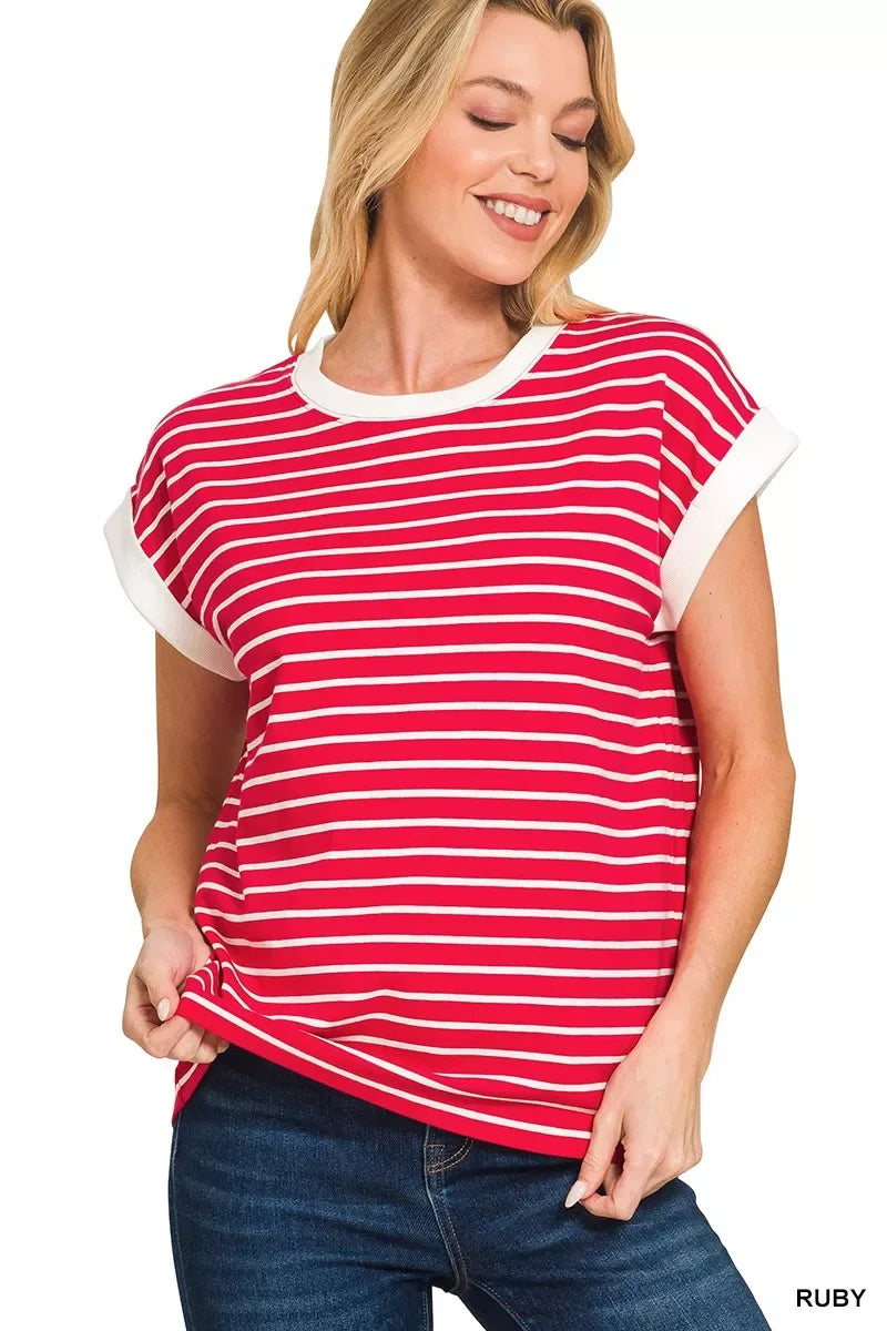 Zenana Full Size Contrast Trim Cap Sleeve Stripe Tee Plus Size - Trendsi - Flyclothing LLC
