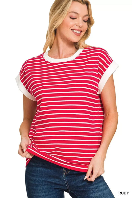 Zenana Full Size Contrast Trim Cap Sleeve Stripe Tee Plus Size - Trendsi - Flyclothing LLC