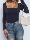 Square Neck Long Sleeve Bodysuit - Trendsi - Flyclothing LLC
