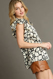 Umgee Full Size Two Tone Animal Print Notched Ruffle Cap Sleeve Blouse Plus Size - Trendsi - Flyclothing LLC