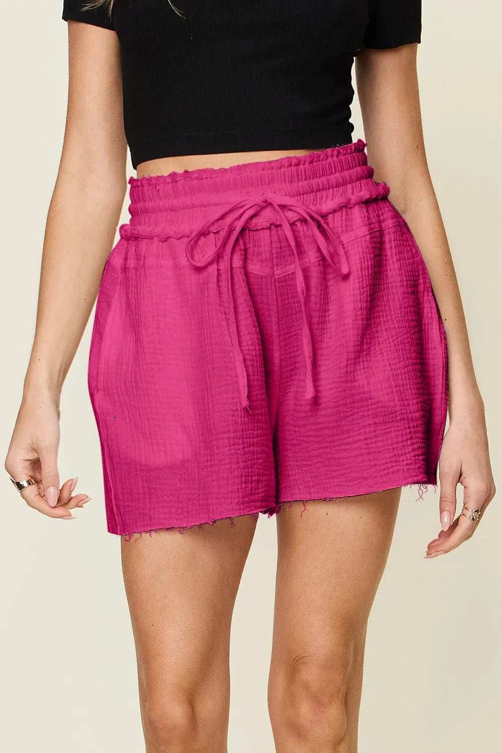 Double Take Full Size Texture Raw Trim Drawstring Shorts - Trendsi - Flyclothing LLC