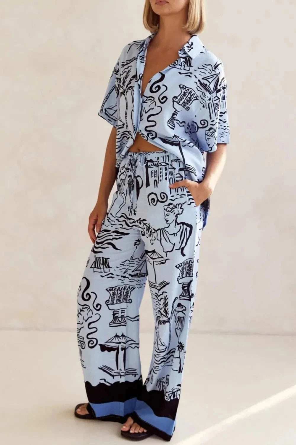 Printed Button Up Shirt and Pants Set Plus Size - Trendsi - Flyclothing LLC