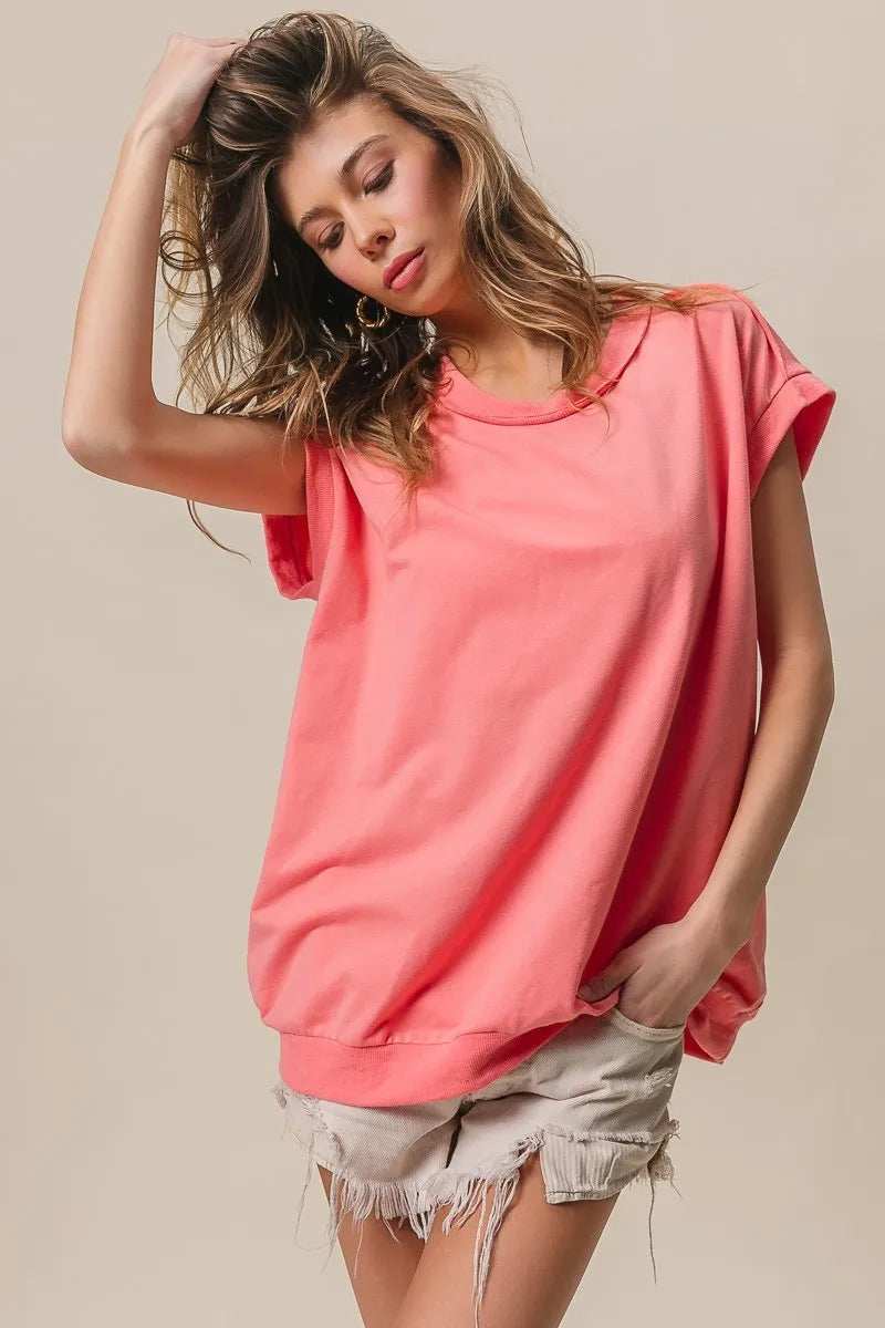BiBi French Terry Drop Shoulder Basic Top - Trendsi - Flyclothing LLC