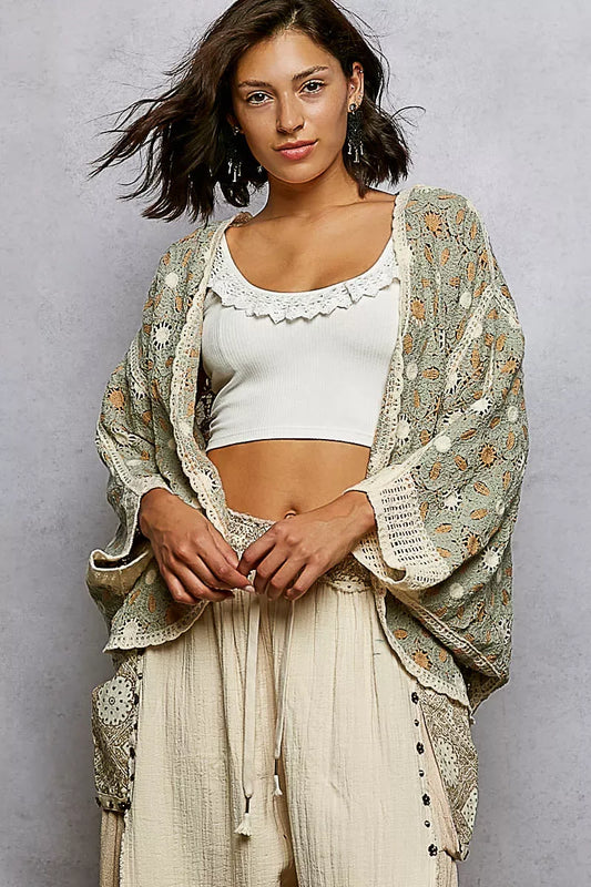 POL Open Front Floral Pattern Crochet Cardigan - Trendsi - Flyclothing LLC