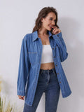 Pocketed Striped Button Up Denim Shirt - Trendsi - Flyclothing LLC