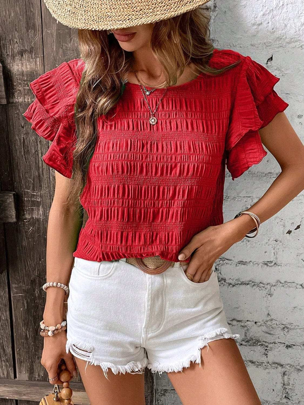 Round Neck Flounce Sleeve Blouse - Trendsi - Flyclothing LLC