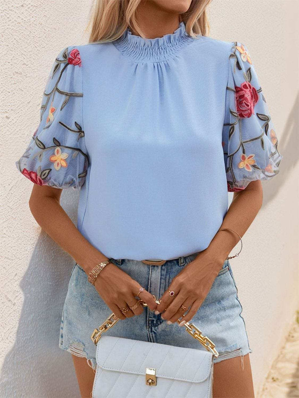 Embroidered Mock Neck Puff Sleeve Blouse - Trendsi - Flyclothing LLC
