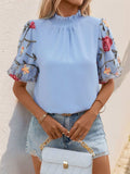 Embroidered Mock Neck Puff Sleeve Blouse - Trendsi - Flyclothing LLC