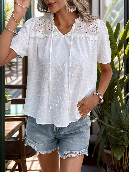 Swiss Dot Tie Neck Short Sleeve Blouse - Trendsi - Flyclothing LLC