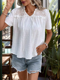 Swiss Dot Tie Neck Short Sleeve Blouse - Trendsi - Flyclothing LLC