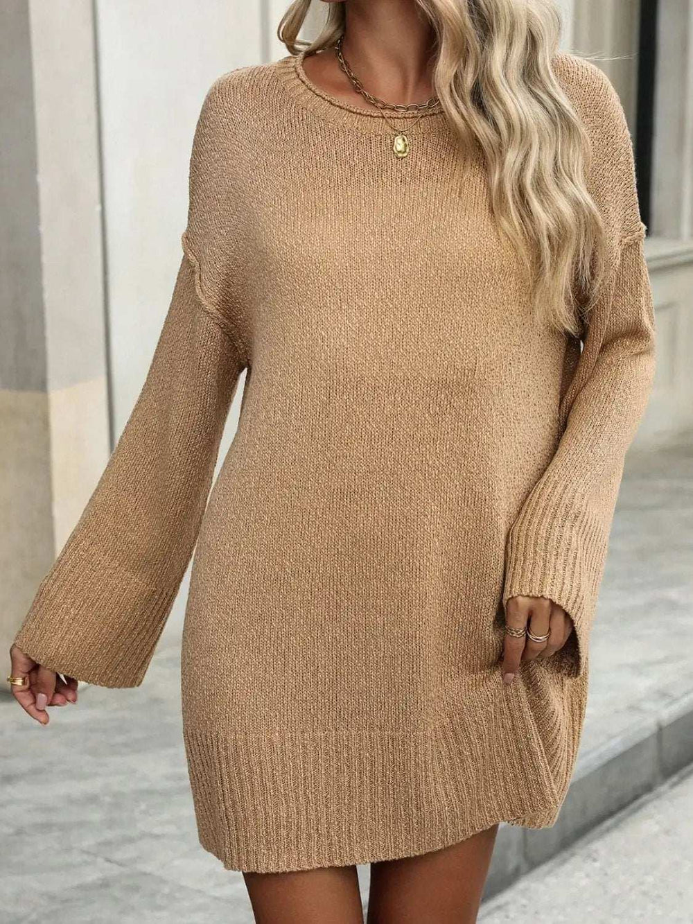 Round Neck Dropped Shoulder Sweater - Trendsi - Flyclothing LLC