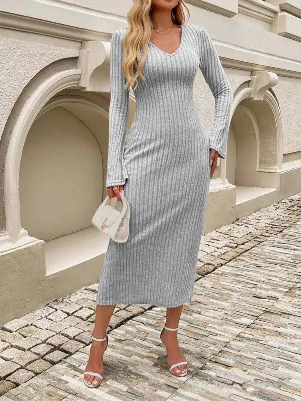 Devine Tied V-Neck Long Sleeve Sweater Dress - Trendsi - Flyclothing LLC