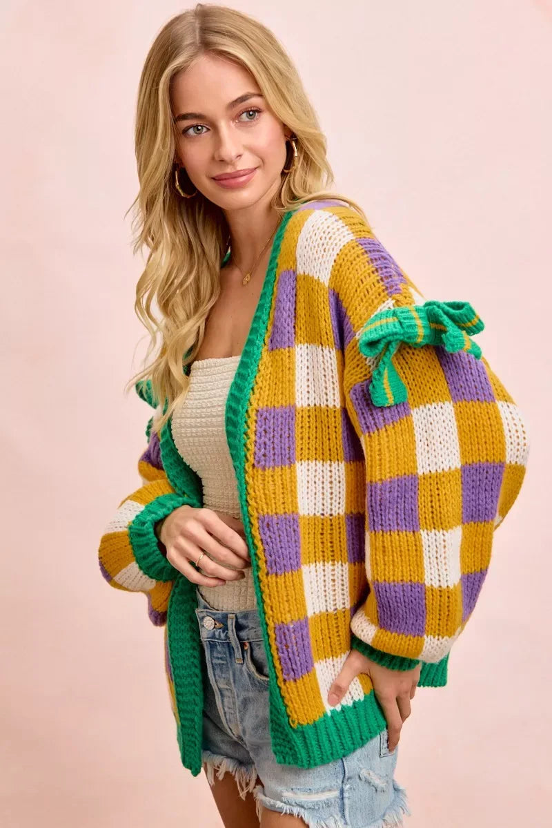 BiBi Mardigras Checker Board Front Open Cardigan - Trendsi - Flyclothing LLC