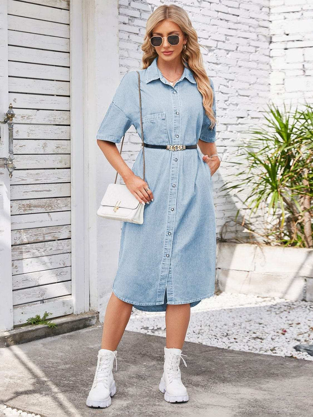 Button Up Dropped Shoulder Denim Dress - Trendsi - Flyclothing LLC