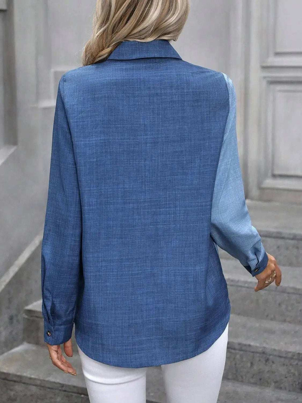 Contrast Collared Neck Long Sleeve Shirt - Trendsi - Flyclothing LLC