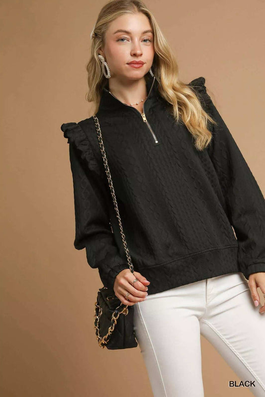 Umgee Cable Knit Textured Pullover with Ruffle Shoulders - Trendsi - Flyclothing LLC