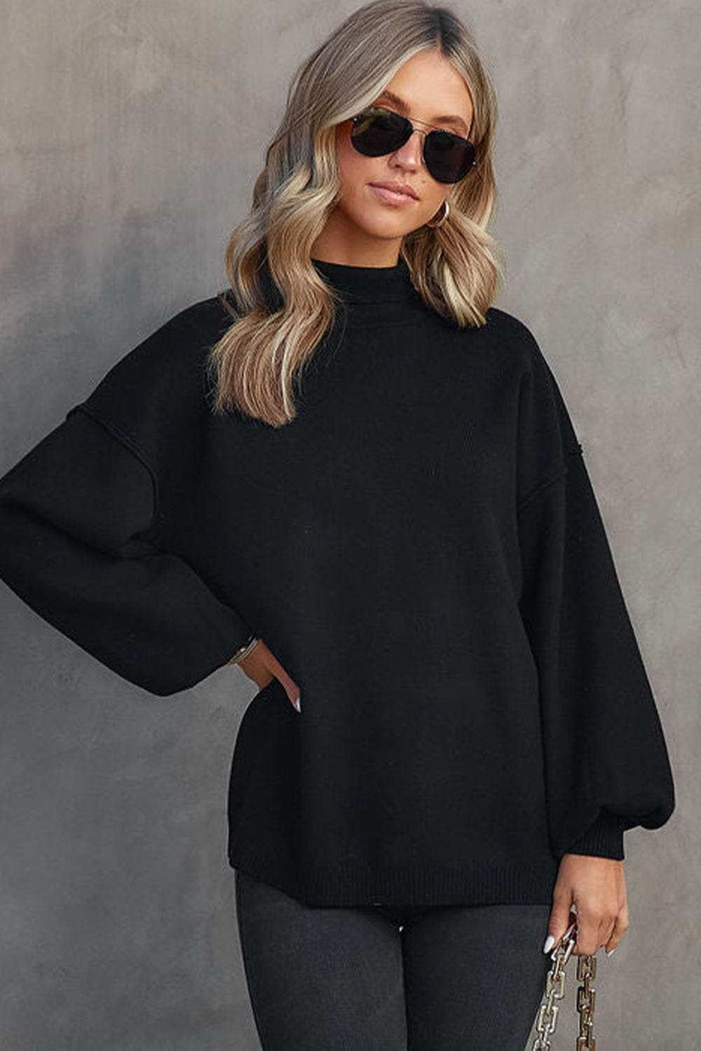 Mock Neck Dropped Shoulder Sweater - Trendsi - Flyclothing LLC