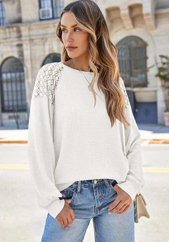 Lace Detail Round Neck Lantern Sleeve Top - Trendsi - Flyclothing LLC