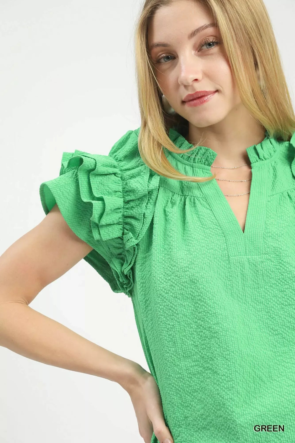 Umgee Textured Ruffle Sleeve Notched Top - Trendsi - Flyclothing LLC