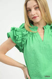 Umgee Textured Ruffle Sleeve Notched Top - Trendsi - Flyclothing LLC